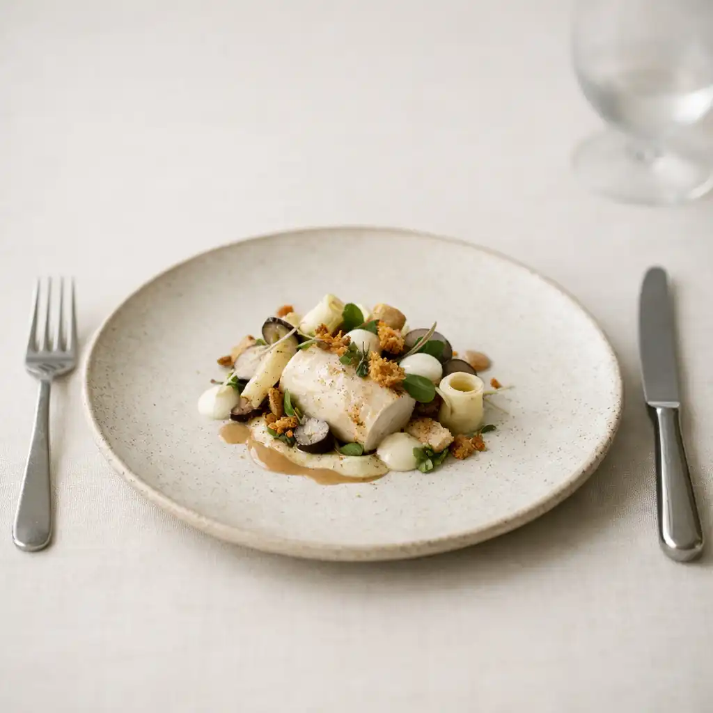 Assiette contemporaine dressée sur une table ivoire dans une lumière douce.