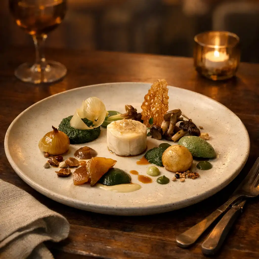 Assiette française dressée sur une table en bois dans une lumière de salle ambrée