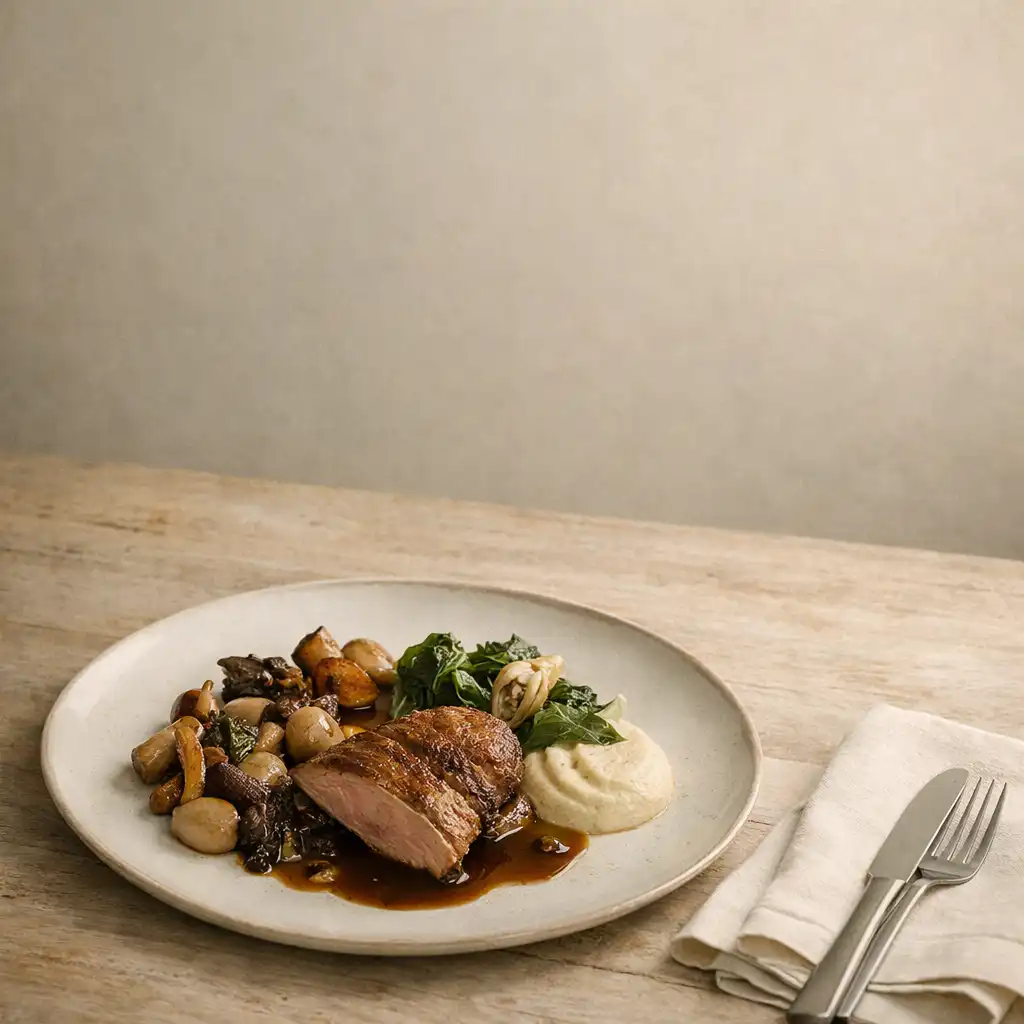 Assiette de saison dressée sur une table ivoire, observée dans une lumière douce