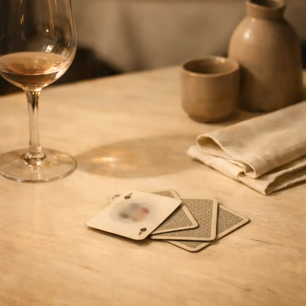 Cartes posées près d’un verre, d’une serviette et d’une céramique sur une table de restaurant