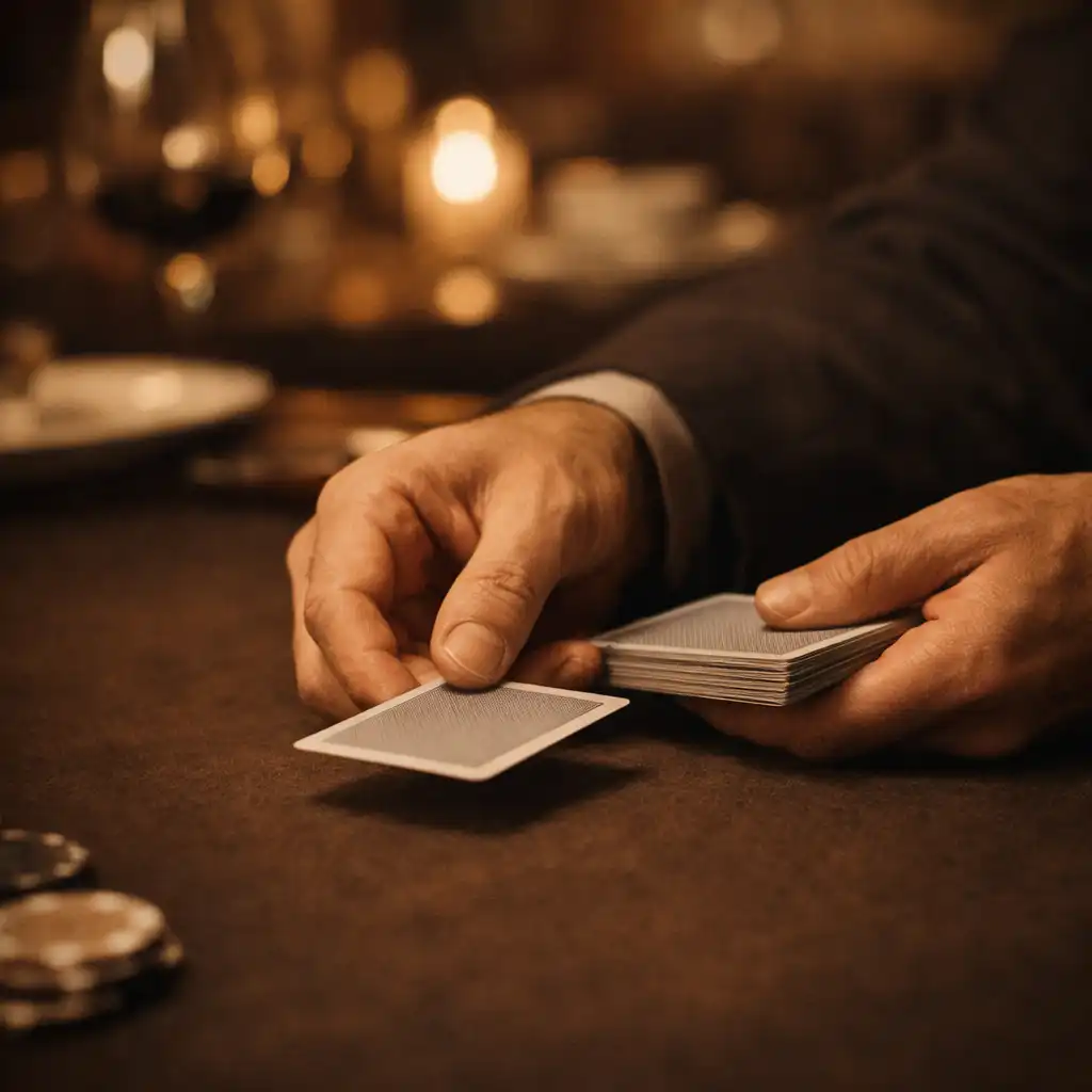 Mains adultes distribuant des cartes sur une table raffinée en lumière du soir