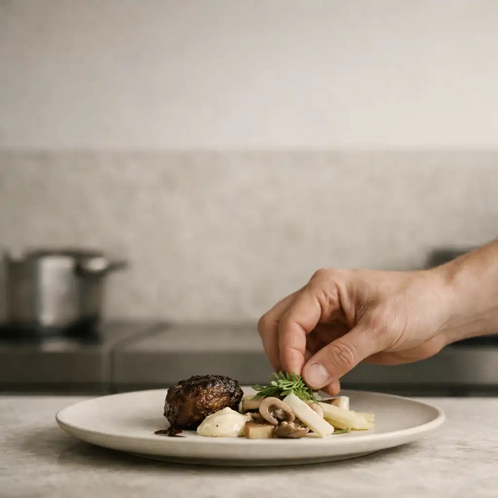 Main ajustant délicatement la finition d’une assiette en cuisine