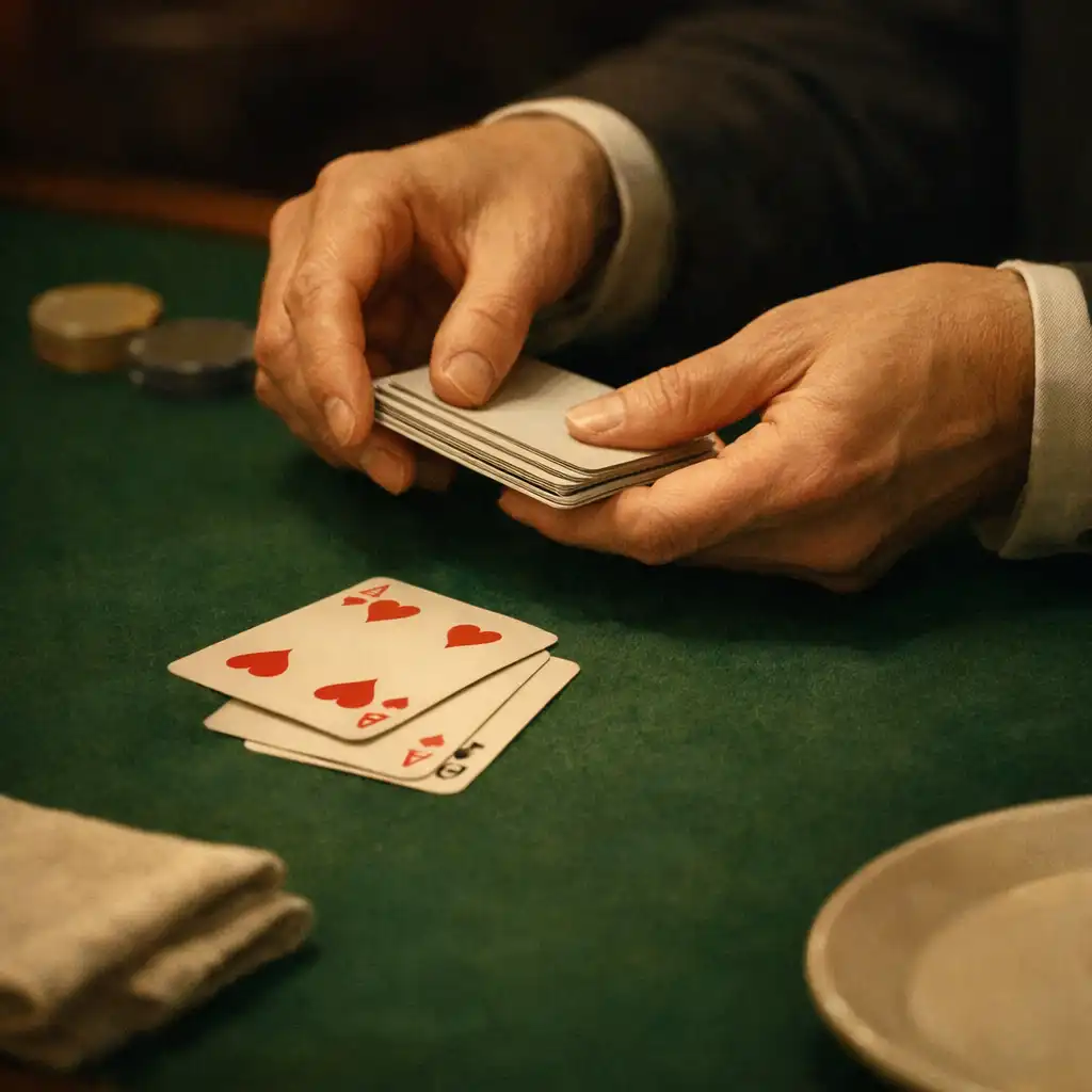 Mains distribuant des cartes physiques sur un feutre sombre, près d’une assiette et d’un linge