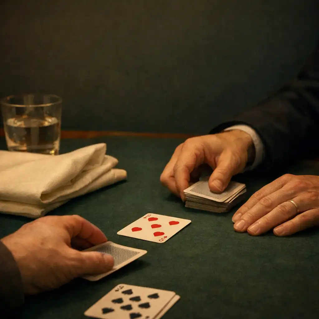 Mains adultes distribuant des cartes ordinaires sur une table en feutre sombre avec linge clair.