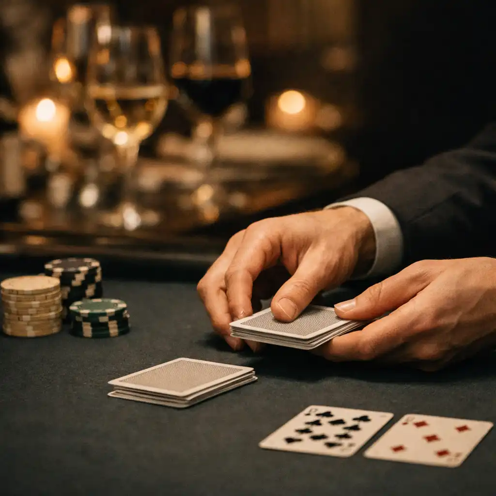 Mains adultes distribuant des cartes sur un feutre dans une ambiance de restaurant
