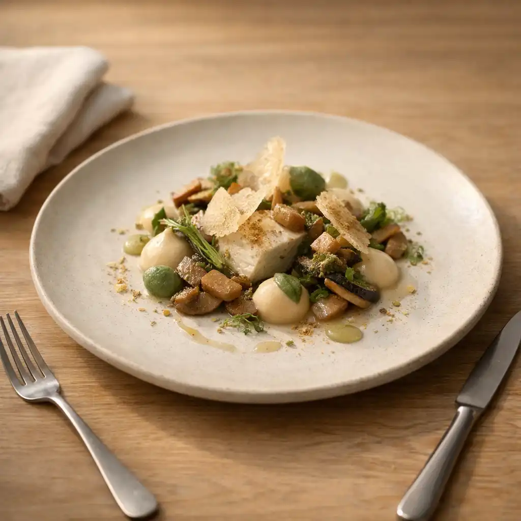 Assiette de cuisine française contemporaine posée sur une table en bois avec du linge ivoire.