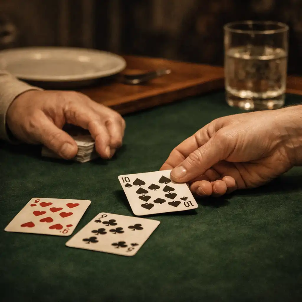Mains distribuant quelques cartes sur une table en feutre sombre, avec un verre d’eau et une assiette en périphérie.