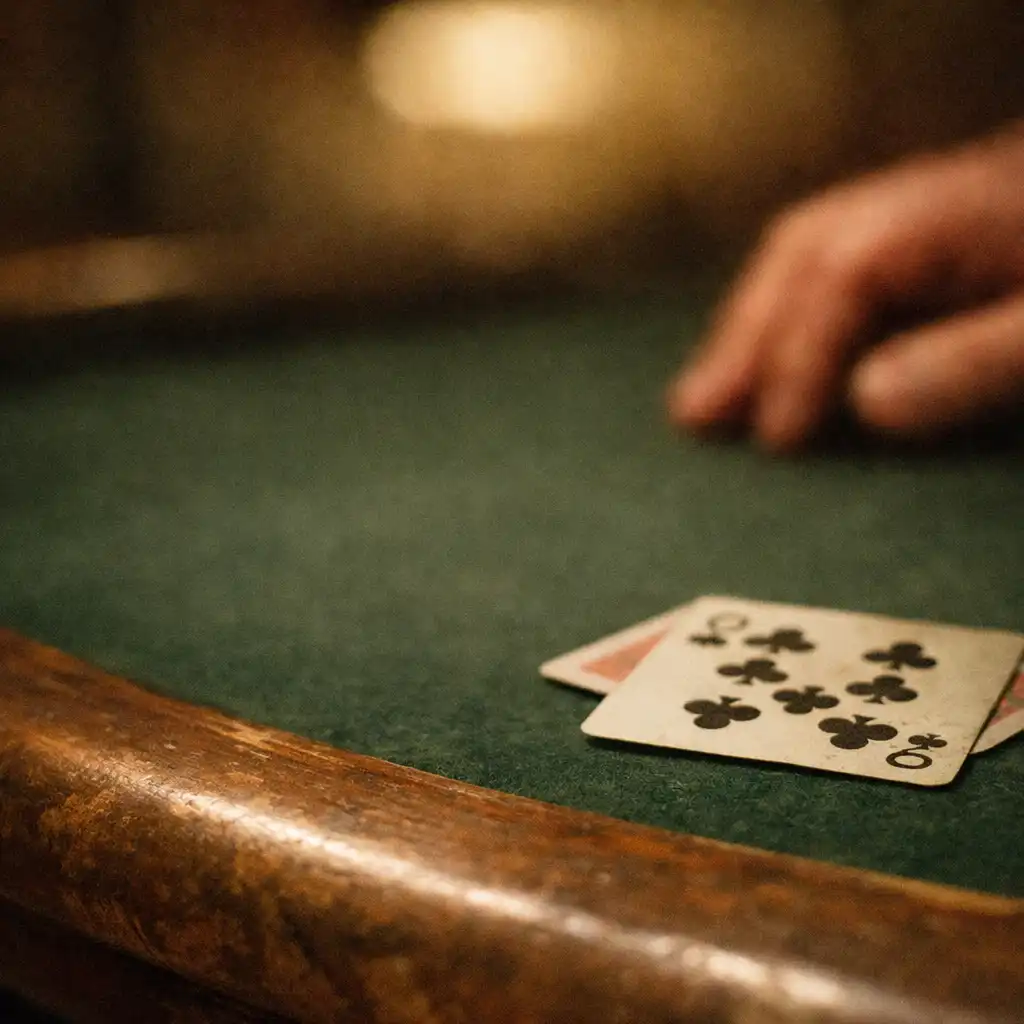 Détail d’une table en bois et feutre sombre avec quelques cartes discrètes.