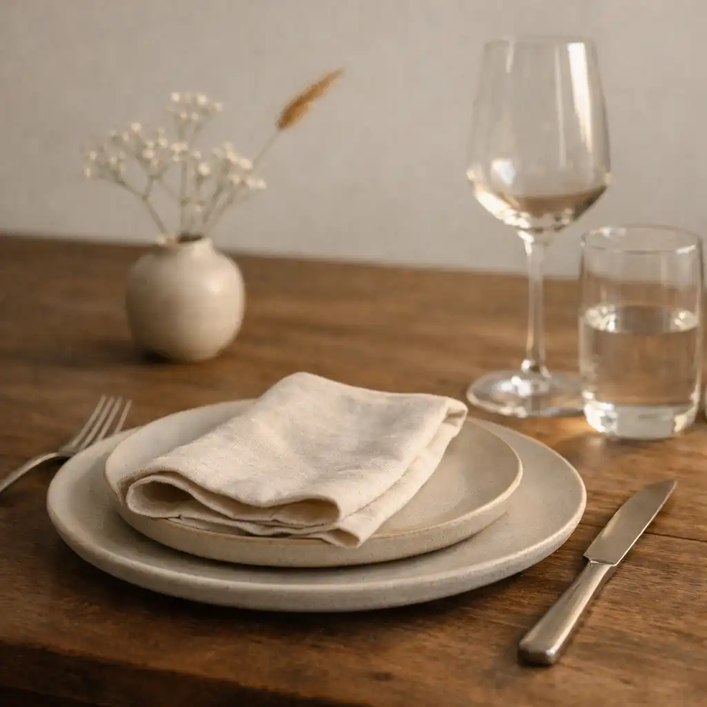 Mise en place raffinée avec assiettes mates, linge de table et verrerie fine.