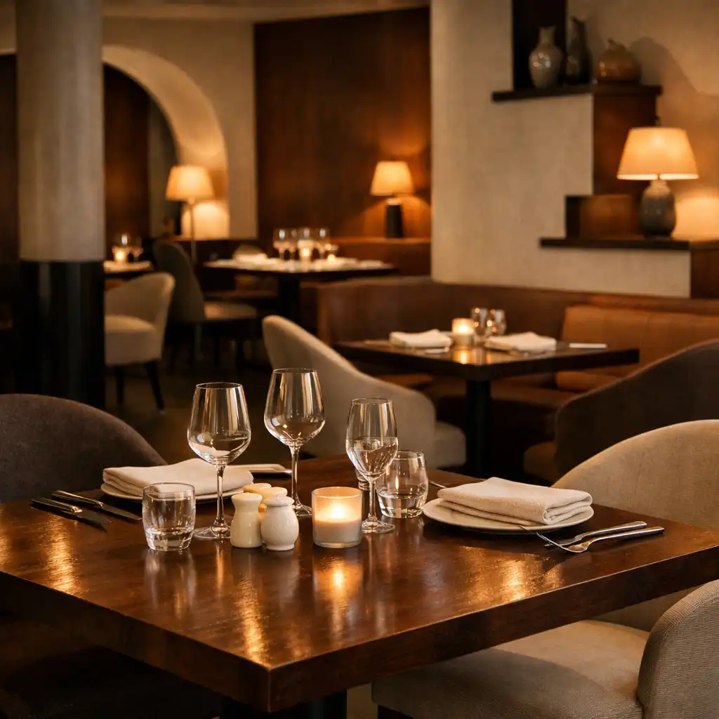 Table privée dressée dans une salle de restaurant élégante et feutrée.