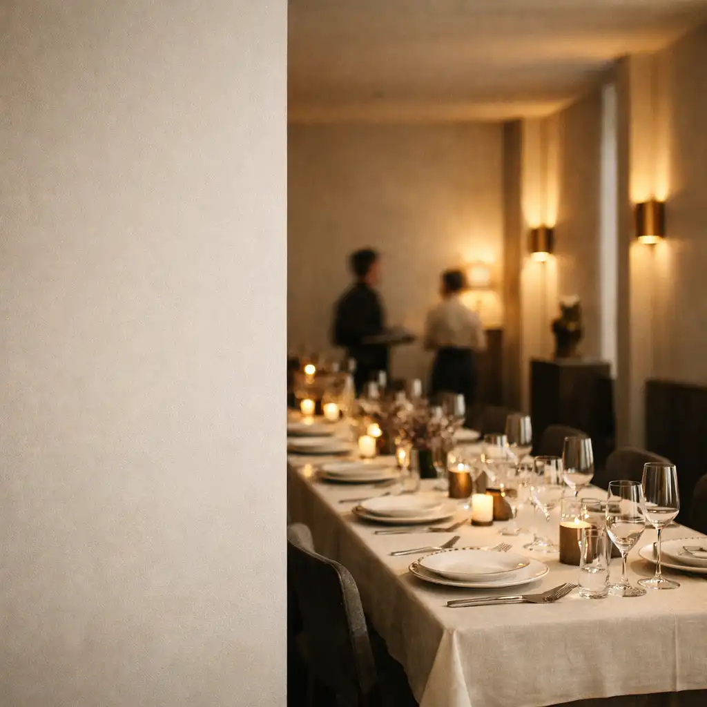 Salle de restaurant préparée pour un repas privé, avec une longue table dressée et une lumière chaude.