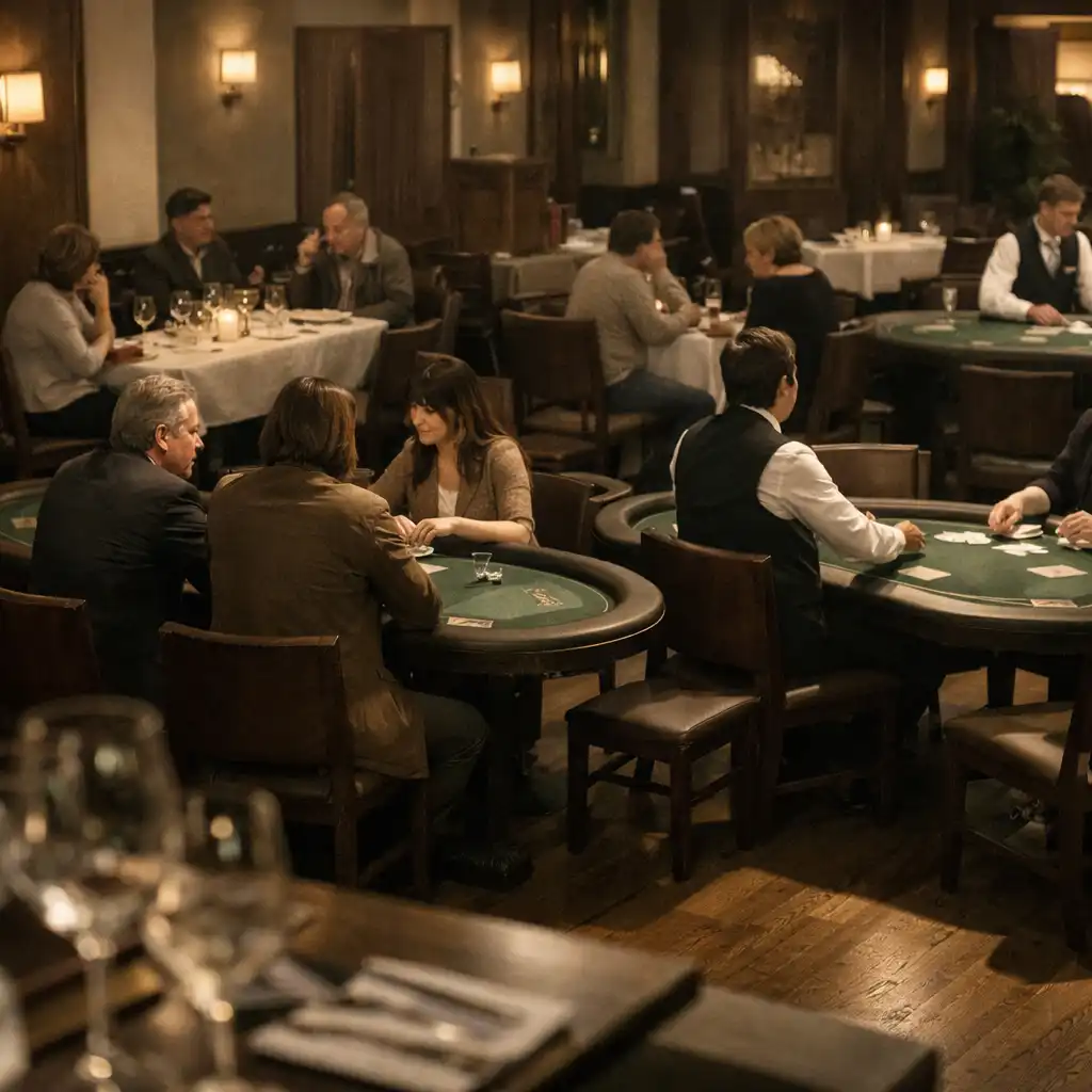 Salle de restaurant habitée en soirée avec tables dressées et tables de cartes élégantes