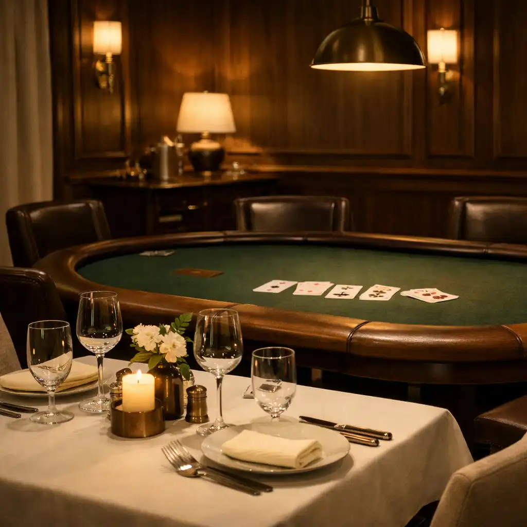 Salle de restaurant élégante avec une table dressée et une table de cartes en feutre sombre au second plan.