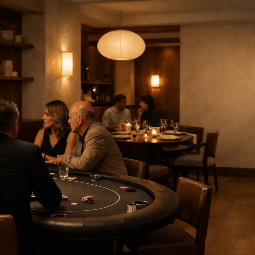 Salle de restaurant en soirée avec tables dressées et table de cartes feutrée