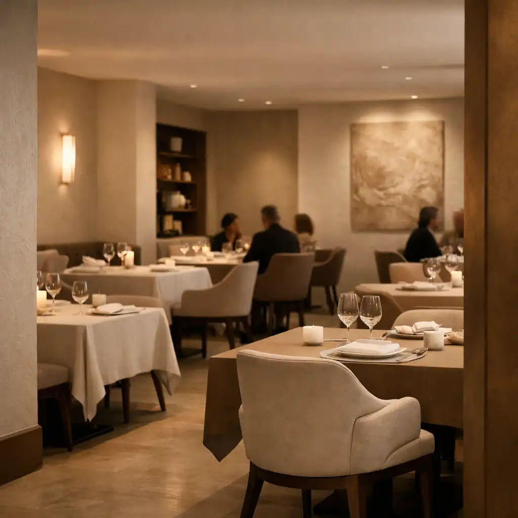 Salle de restaurant française contemporaine, feutrée et éclairée d’une lumière chaude