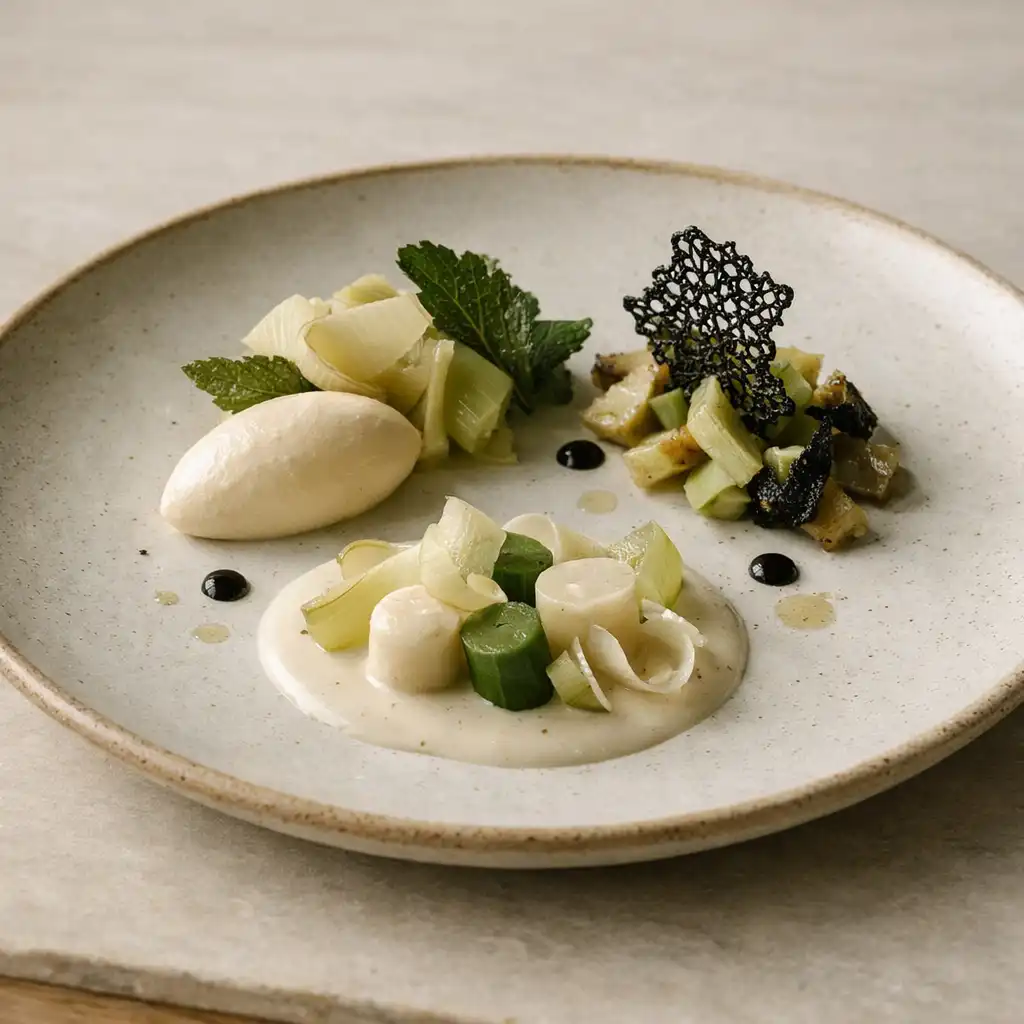 Assiette de saison dressée avec soin sur une table aux matières claires.