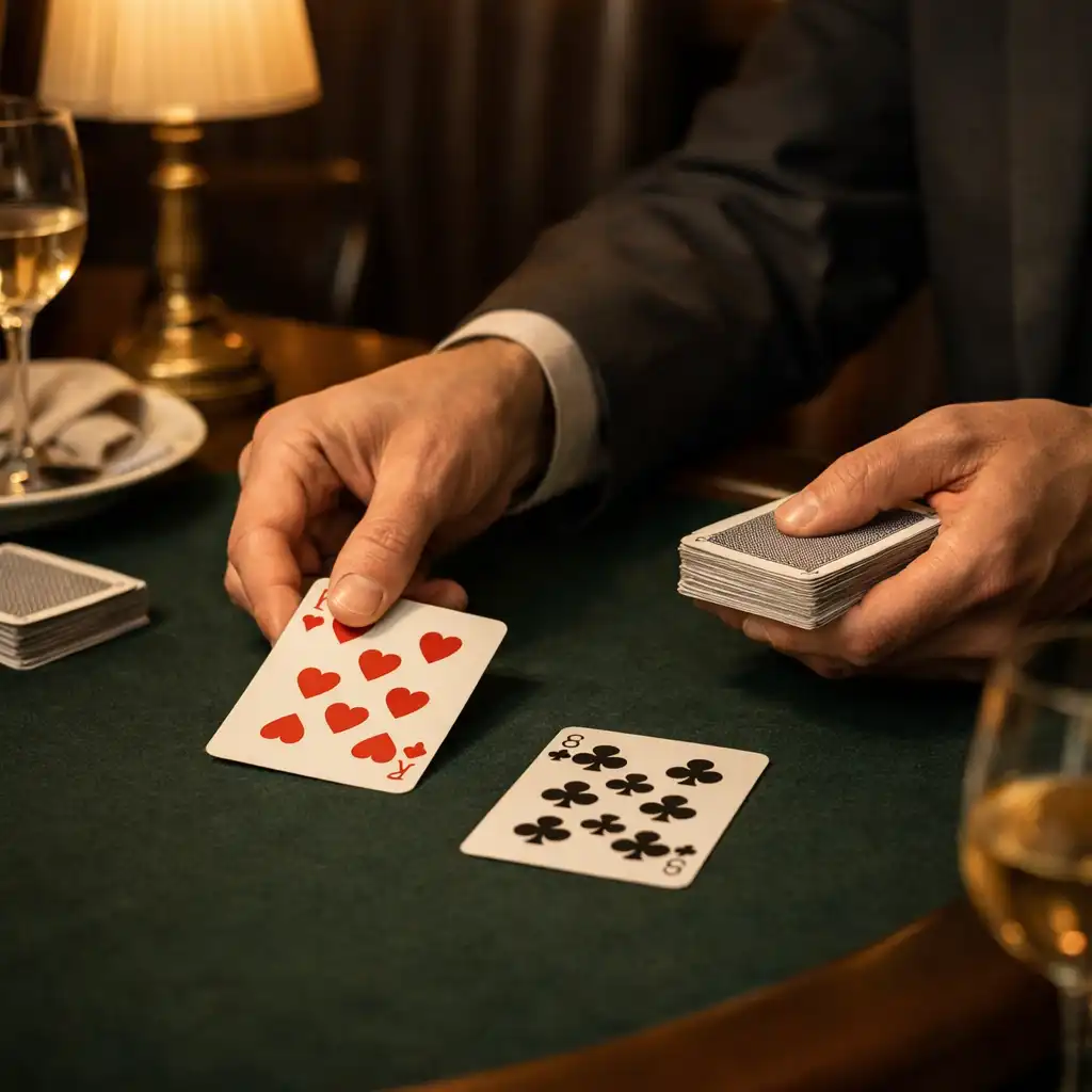 Mains adultes distribuant des cartes ordinaires sur une table en feutre sombre, près de vaisselle de restaurant.