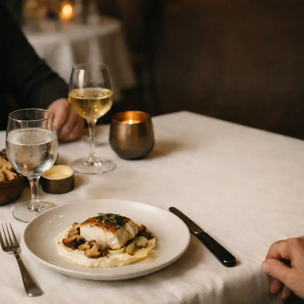 Table de restaurant éclairée doucement, assiette dressée et mains de convives aperçues autour du repas.