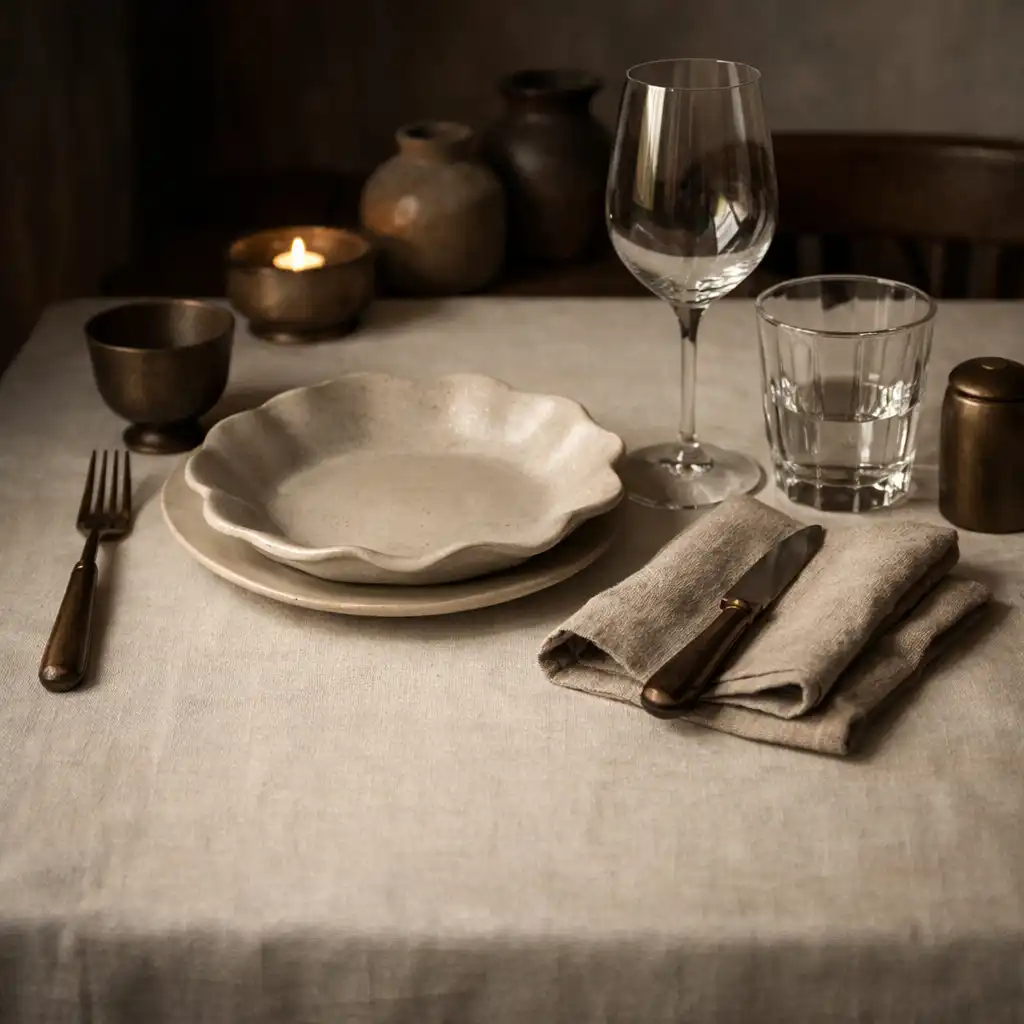 Table de restaurant dressée avec vaisselle, verre et serviette en tissu