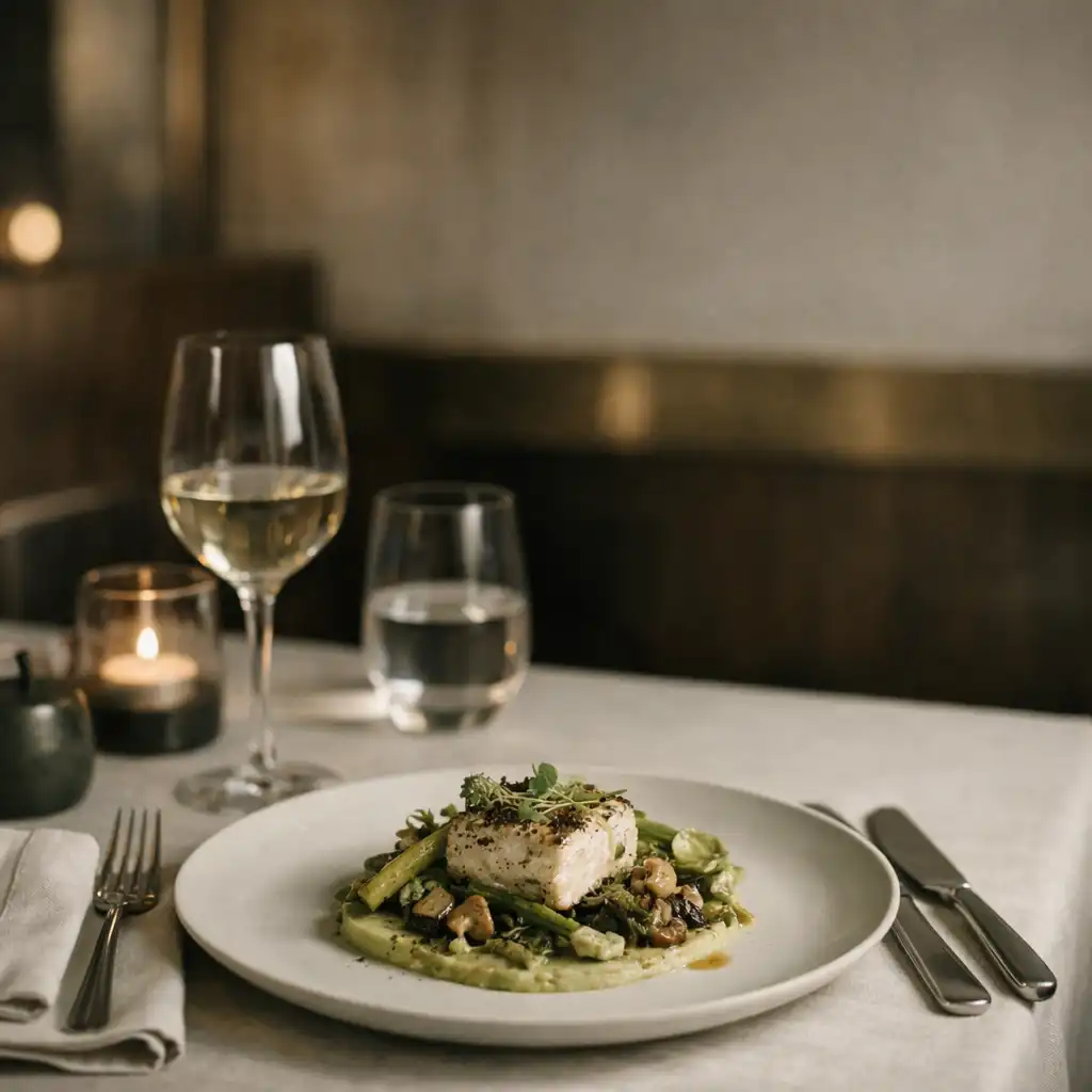 Table de restaurant contemporain avec une assiette dressée, du linge clair et une lumière chaude.